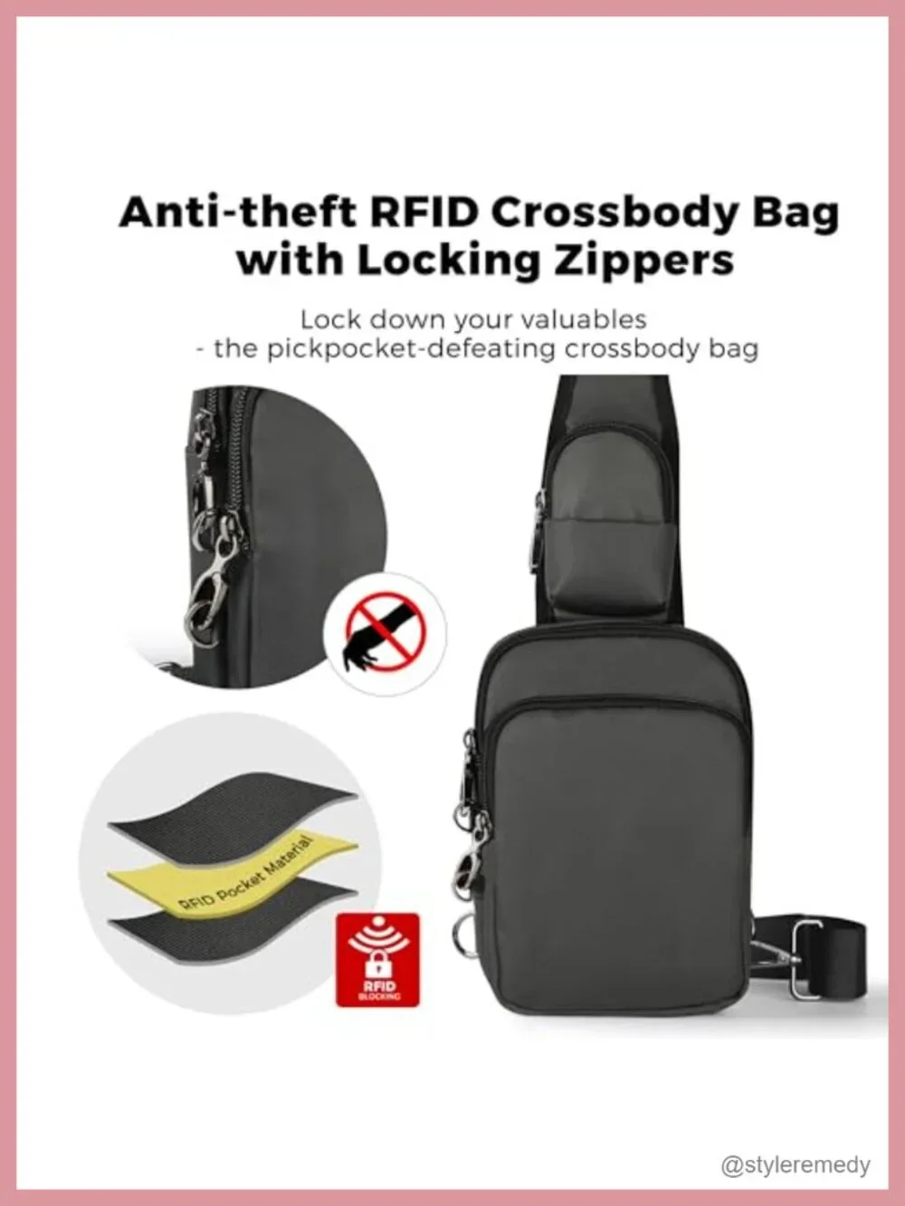 RFID Blocking Anti Theft Crossbody Sling Bag with Zipper Lock Water Resistant